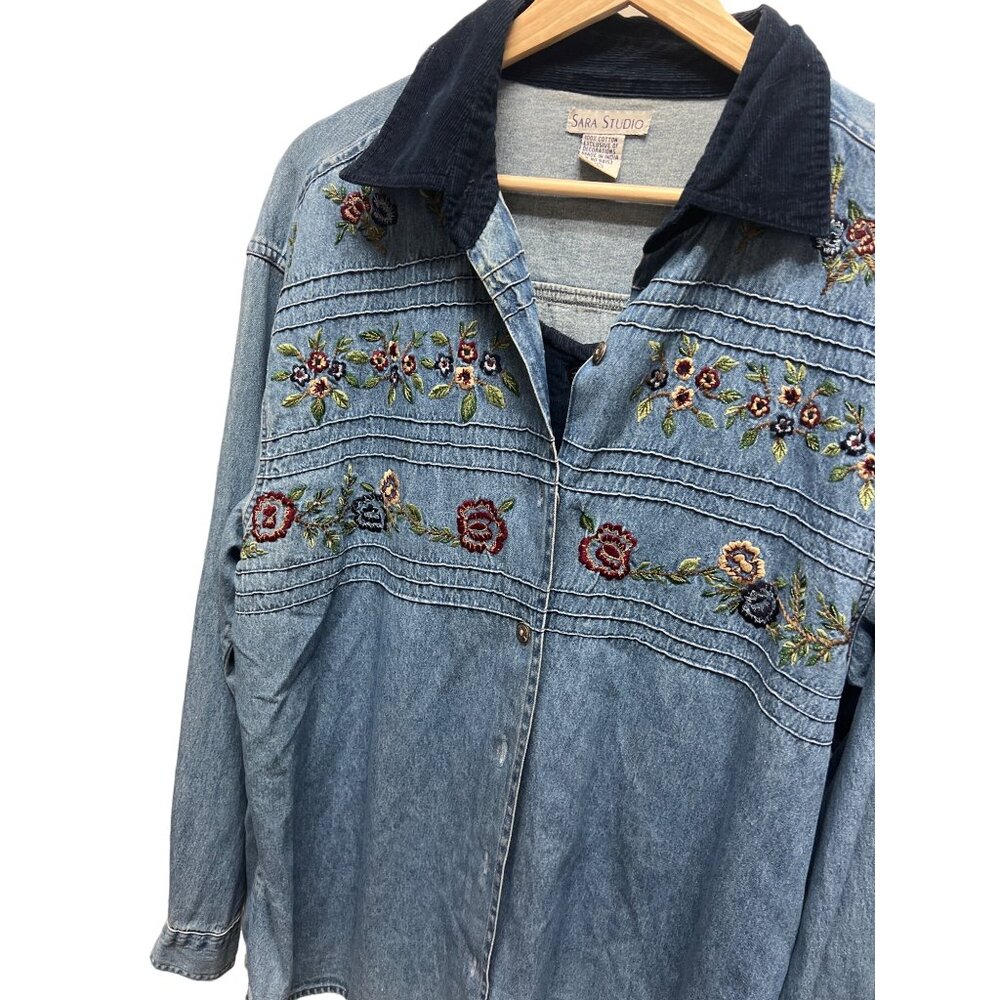 Sara Studio Vintage 90's Chambray Denim Corduroy Trim Vest Embroidered Shirt